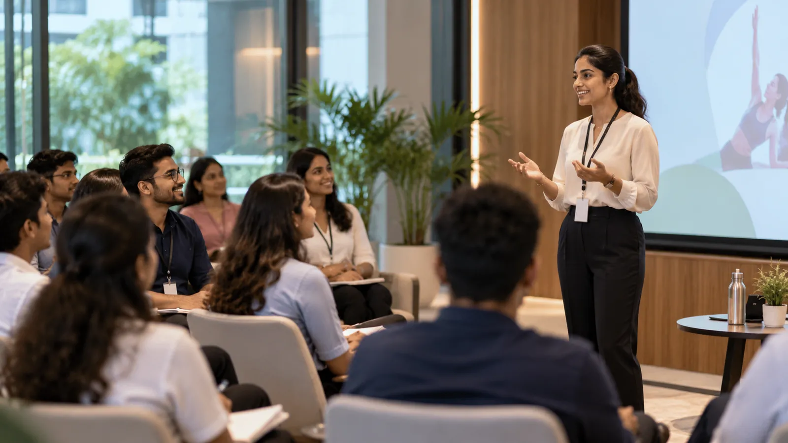 Trainer leads a wellness session in an office