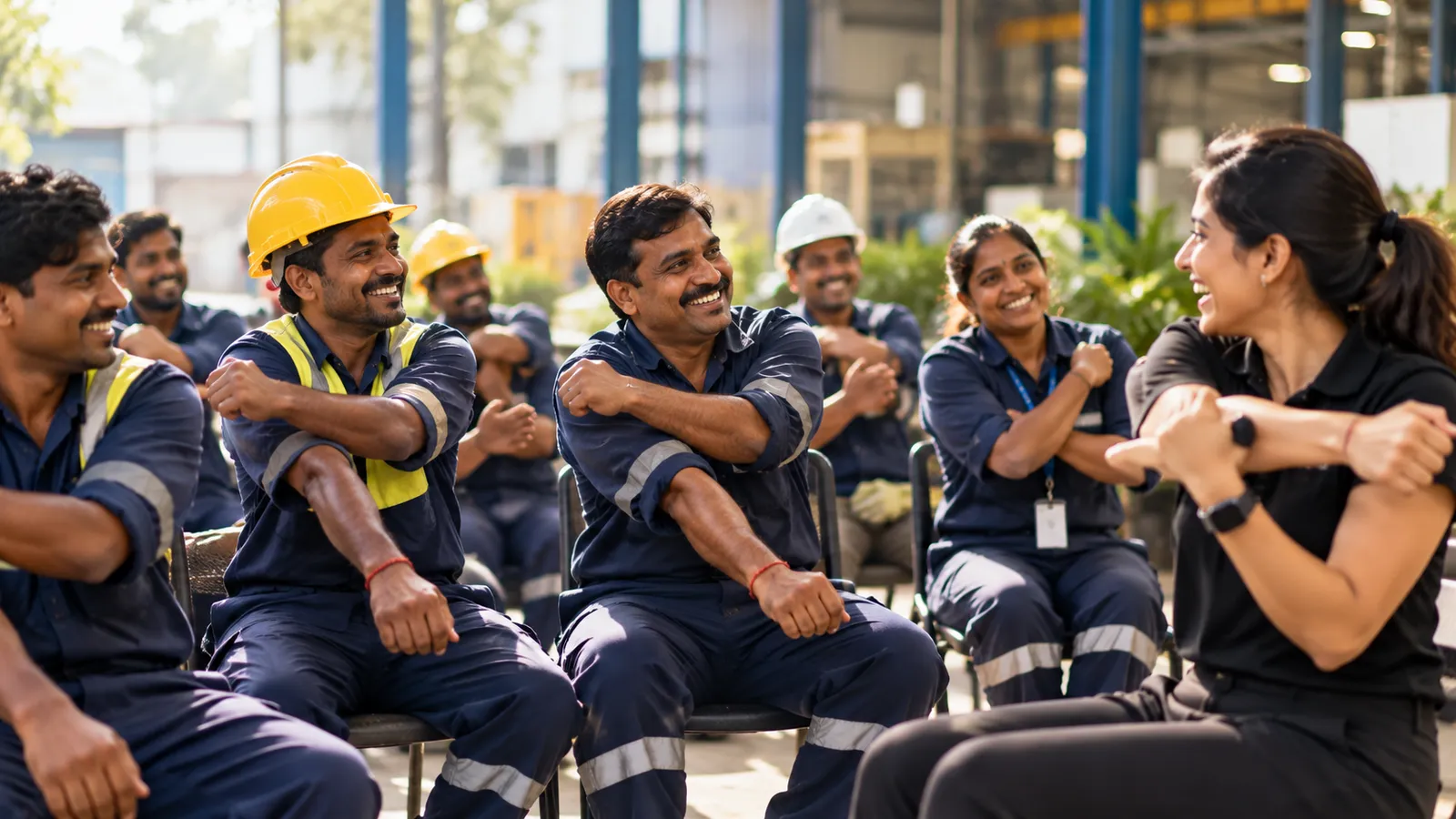 Trainer leads a stretch session for a factory team