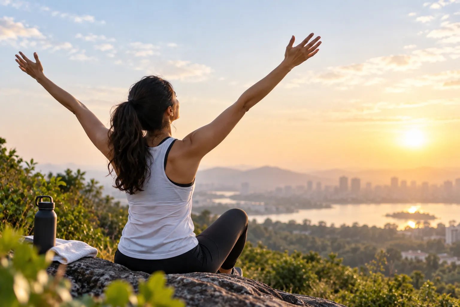 Woman raises her arms at a sunrise overlook