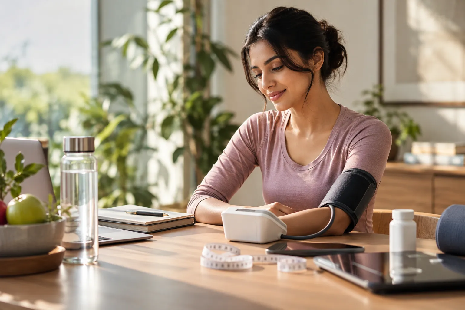 Woman checks her blood pressure at a desk