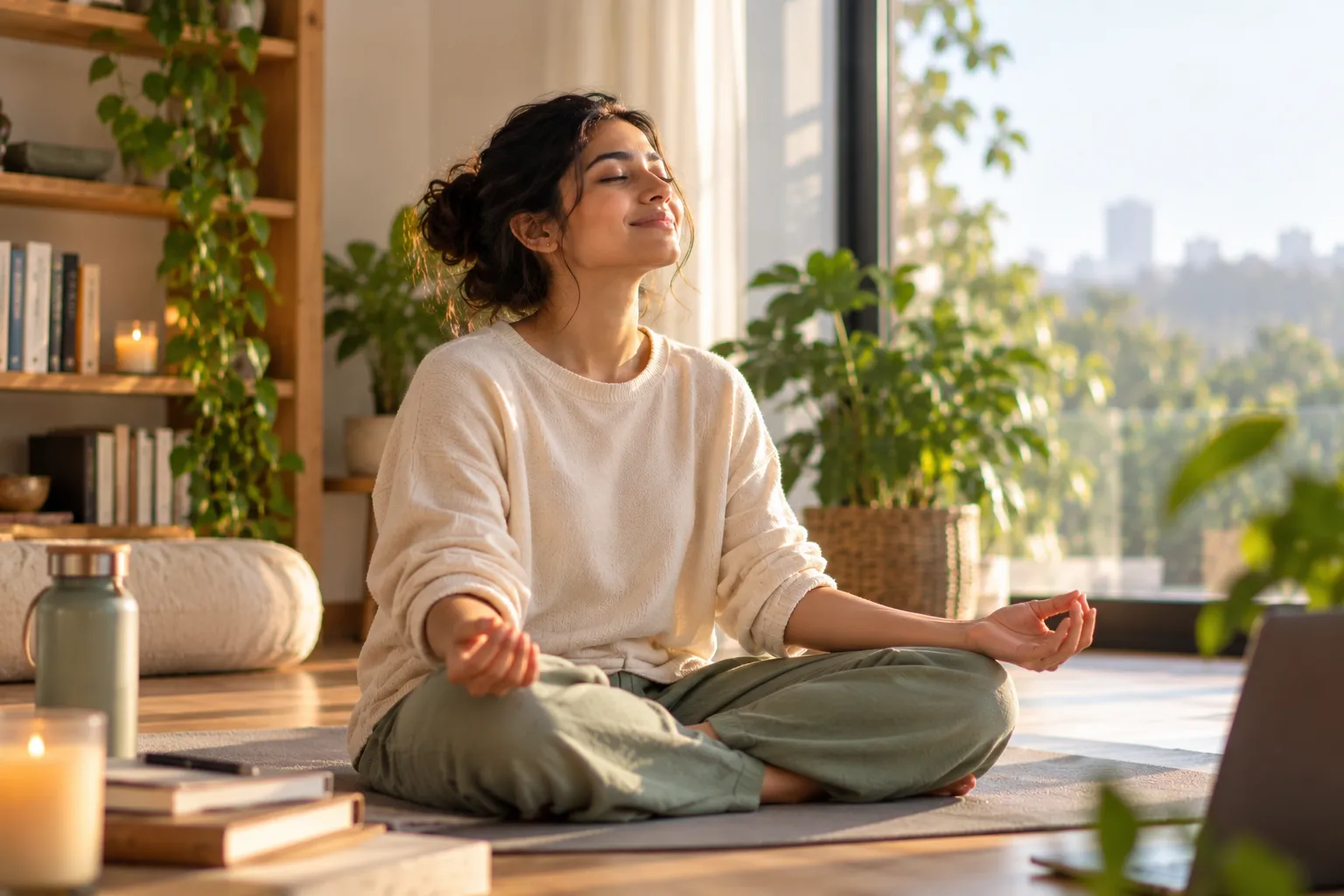 Woman meditates at home beside a window