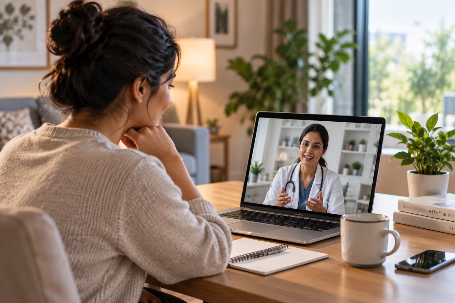 Woman speaks with a doctor on a laptop video call at home