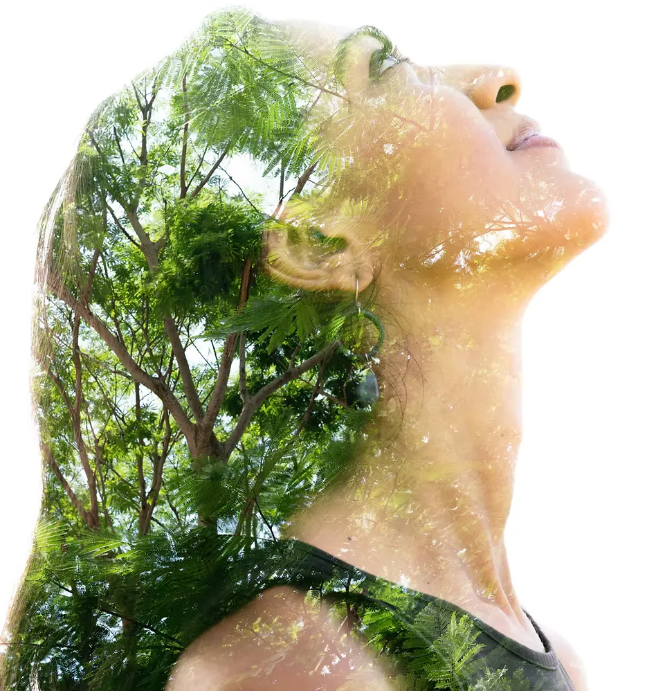 Woman shown in profile with a tree overlay