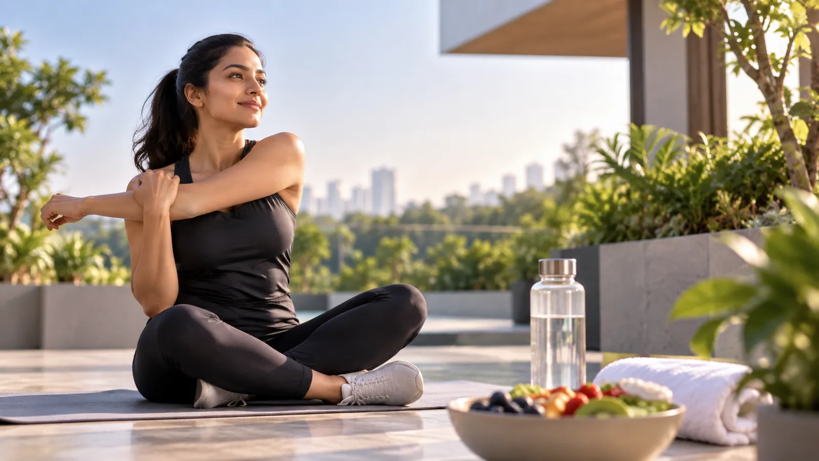 Woman stretches on a rooftop yoga mat