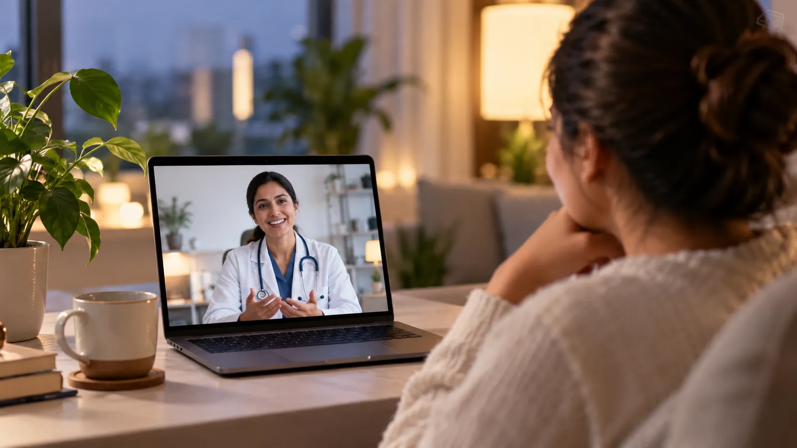 Woman video calls a doctor from home