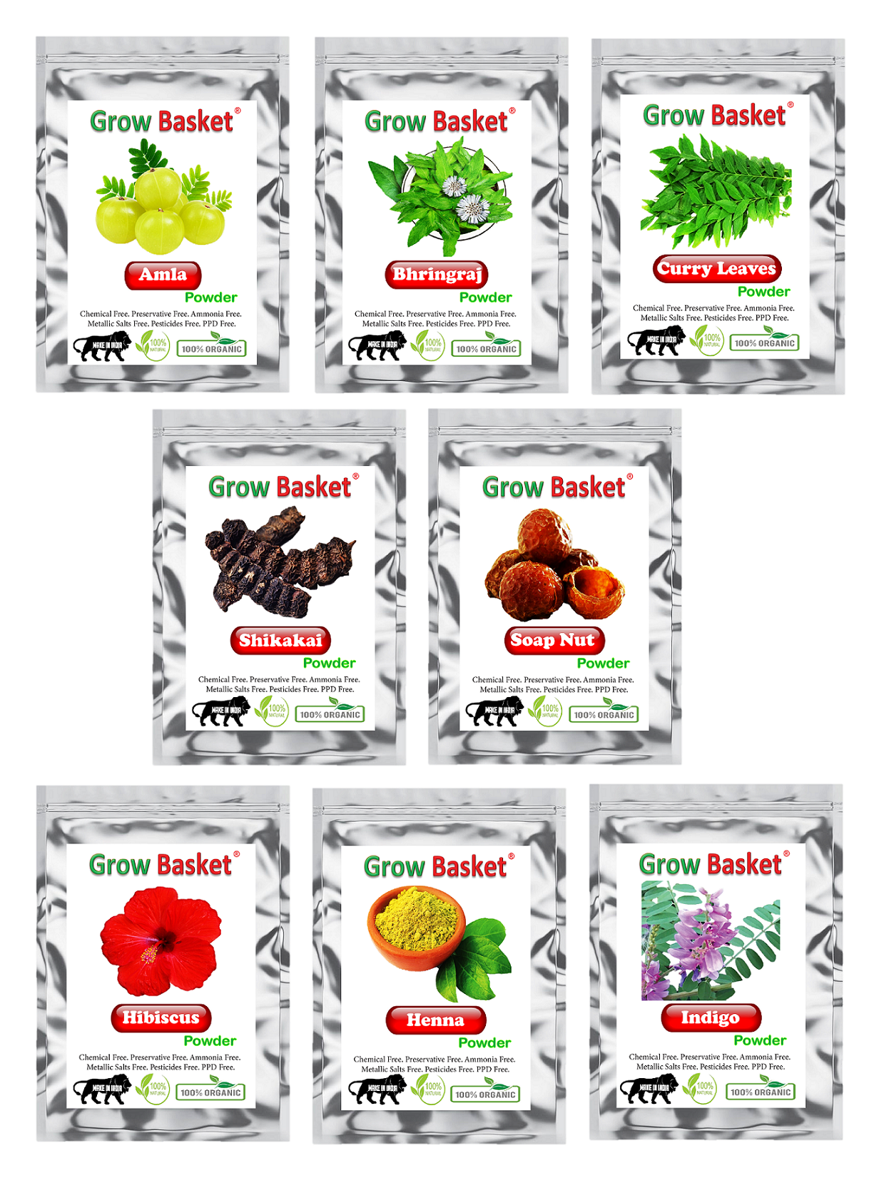 Amla/Bhringraj/Curry Leaf/Hibiscus/Indigo/Henna/Shikakai/Soap Nut Powder (Pack of 8, 50g each, Total 400g Pack)