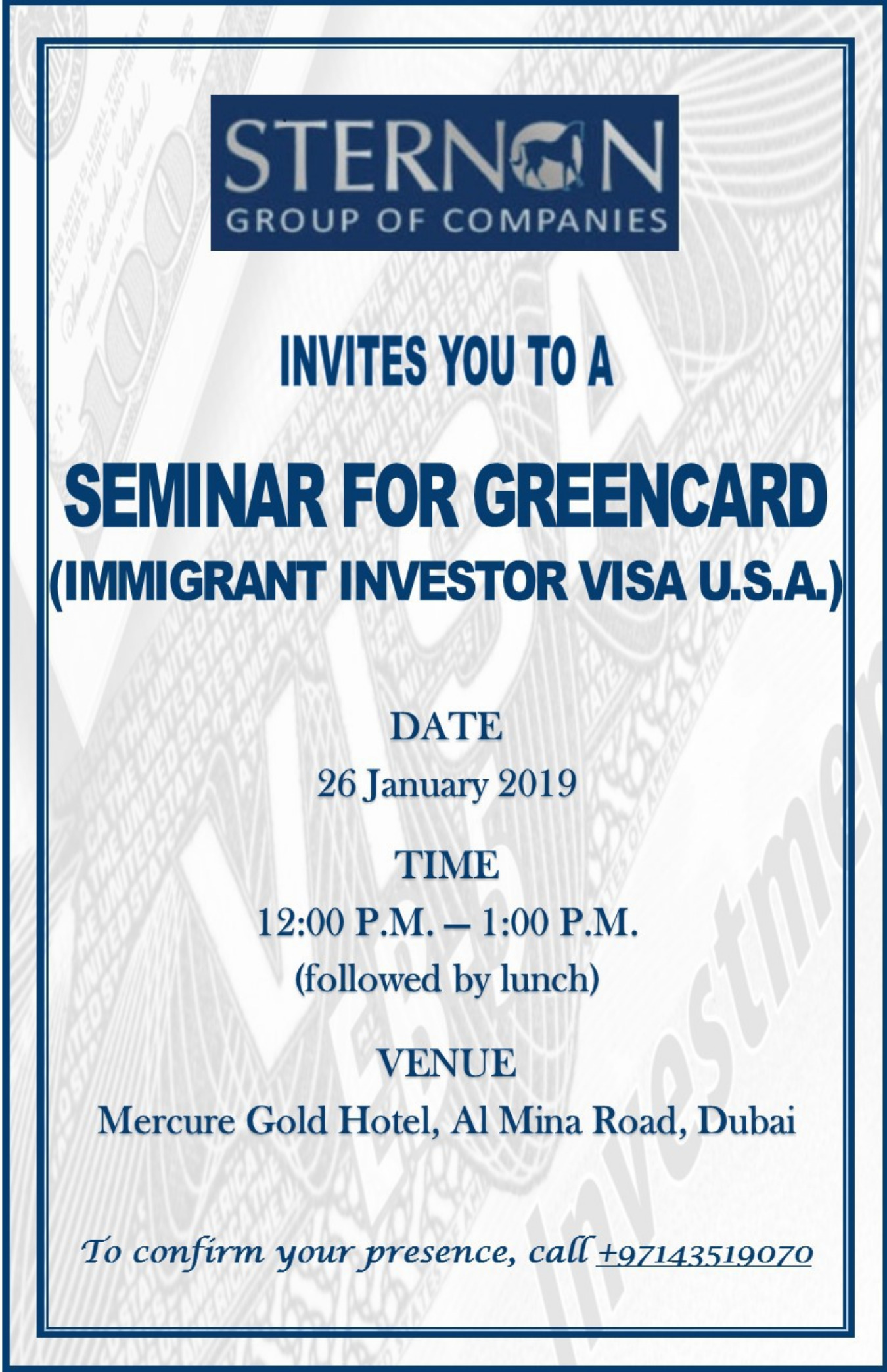 Seminar For Greencard Immigrant Investor Visa Usa Tickets By Sternon Real Estate Group Saturday January 26 2019 دبي Event
