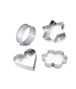 STAINLESS STEEL COOKIE CUTTER WITH HEART ROUND STAR AND FLOWER SHAPES 4 PIECES