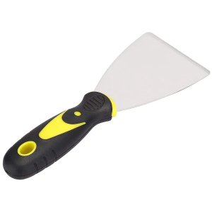 SET OF PUTTY KNIVES WITH SOFT RUBBER HANDLES SUITABLE FOR DRYWALL WORK APPLYING PUTTY REMOVING DECALS BAKING PATCHING AND PAINTING.