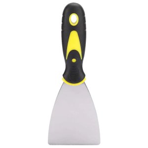 SET OF PUTTY KNIVES WITH SOFT RUBBER HANDLES SUITABLE FOR DRYWALL WORK APPLYING PUTTY REMOVING DECALS BAKING PATCHING AND PAINTING.