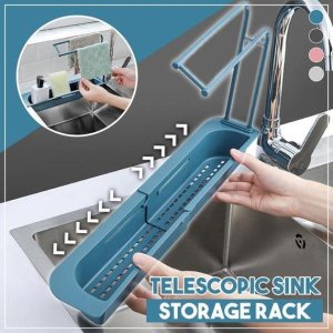 TELESCOPIC ADJUSTABLE FAUCET RACK FOR DISH BRUSH AND SPONGE STORAGE ON SINK DRAIN