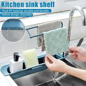 TELESCOPIC ADJUSTABLE FAUCET RACK FOR DISH BRUSH AND SPONGE STORAGE ON SINK DRAIN