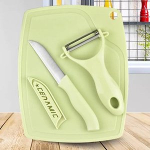 3PIECE CLASSIC STAINLESS STEEL KNIFE SET WITH GREEN PLASTIC KITCHEN PEELER COMBO