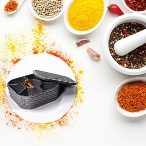 7SECTION MASALA BOX  SPICE STORAGE CONTAINER FOR KITCHEN PLASTIC WITH WOODEN STYLE FINISH MULTICOLOUR
