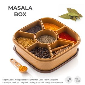 7SECTION MASALA BOX  SPICE STORAGE CONTAINER FOR KITCHEN PLASTIC WITH WOODEN STYLE FINISH MULTICOLOUR