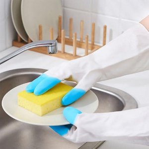 REUSABLE CLEANING GLOVES: LATEX PVC FLOCK LINED ELBOWLENGTH