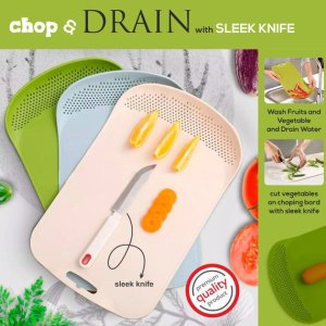 VEGETABLE AND FRUIT CHOPPING BOARD WITH INTEGRATED KNIFE AND DRAINAGE SYSTEM