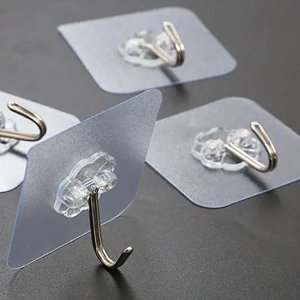 TRANSPARENT STICKY PLASTIC & STAINLESS STEEL WALL HOOKS 10 PC SET