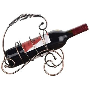 COPPERTONED STAINLESS STEEL WINE BOTTLE RACK HOLDER FOR A SPRING WEDDING PARTY WITH A METAL THEME.