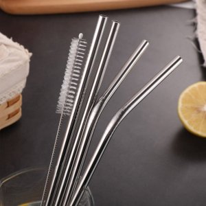 Set of 4 Stainless Steel Straws and Cleaning Brush 2 Straight 2 Bent Straws 1 Brush