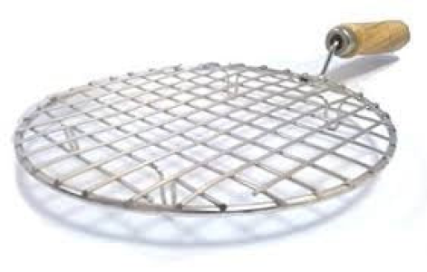 ROUND STAINLESS STEEL ROASTER PAPAD JALI AND BARBECUE GRILL WITH WOODEN HANDLE
