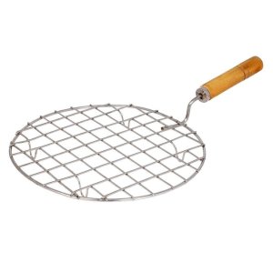 ROUND STAINLESS STEEL ROASTER PAPAD JALI AND BARBECUE GRILL WITH WOODEN HANDLE