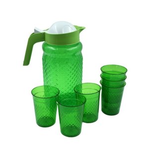 DURABLE PLASTIC WATER JUICE JUG SET WITH 6 ASSORTED COLOUR GLASSES  UNBREAKABLE