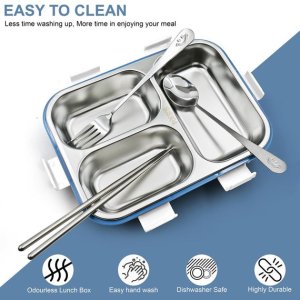 Tiffin Box For Kids Sealed Leakage Proof Stainless Steel Lunch Box with Fork Chopstick & Spoon Lid Office Food Container 3 Compartment for School Kids and Adults