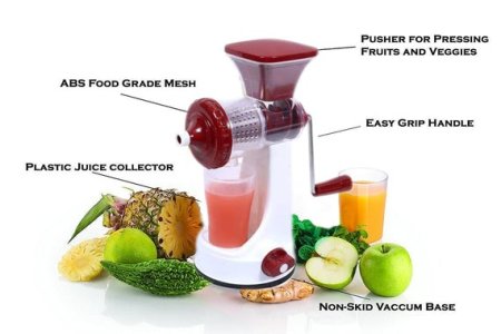 HANDPOWERED FRUIT AND VEGETABLE JUICER WITH JUICE CUP AND WASTE COLLECTOR