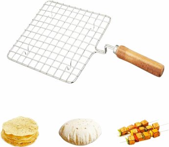 Steel Square  Papad Roaster Chapati Roti Jali Barbeque (BBQ) Grill with Wooden Handle (1 Pc)