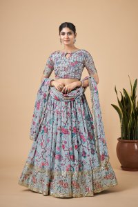 Sky Blue Florence Faux Georgette Party and Sangeet Wear Lehenga with Blouse and Dupatta