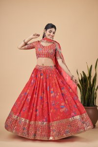 Bright Red Florence Faux Georgette Party and Sangeet Wear Lehenga with Blouse and Dupatta