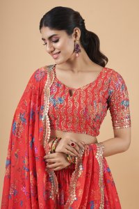 Bright Red Florence Faux Georgette Party and Sangeet Wear Lehenga with Blouse and Dupatta