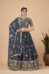 Teal Blue Florence Faux Georgette Party and Sangeet Wear Lehenga with Blouse and Dupatta