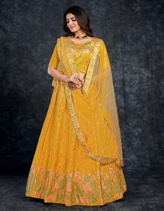 Mustard Italian Silk Bridal Lehenga with Blouse and Dupatta