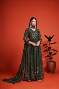 Mehndi Green Party Wear Elegant Georgette Gown with Matching Dupatta