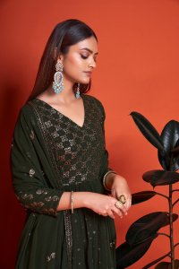 Mehndi Green Party Wear Elegant Georgette Gown with Matching Dupatta