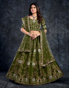 Dark Green Italian Silk Bridal Lehenga with Blouse and Dupatta
