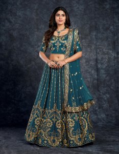 Navy Blue Italian Silk Bridal Lehenga with Blouse and Dupatta