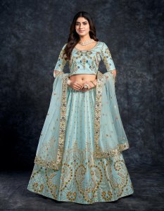 Sky Blue Italian Silk Bridal Lehenga with Blouse and Dupatta