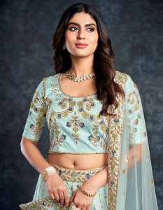 Sky Blue Italian Silk Bridal Lehenga with Blouse and Dupatta
