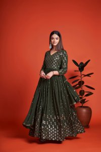 Mehndi Green Party Wear Elegant Georgette Gown with Matching Dupatta