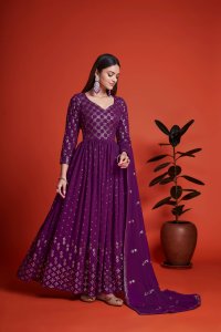 Pop Purple Party Wear Elegant Georgette Gown with Matching Dupatta
