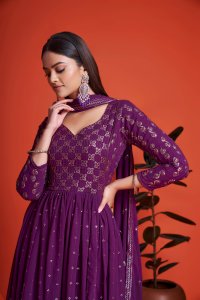 Pop Purple Party Wear Elegant Georgette Gown with Matching Dupatta
