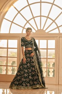 Black Bridal Chinnon Silk Lehenga Choli with Blouse and Dupatta