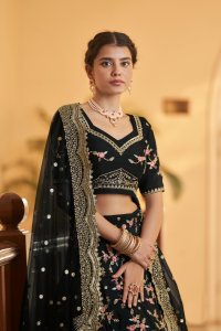 Black Bridal Chinnon Silk Lehenga Choli with Blouse and Dupatta