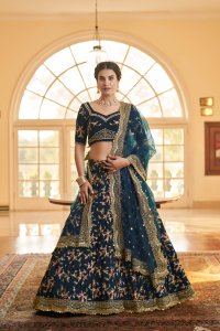 Navy Blue Bridal Chinnon Silk Lehenga Choli with Blouse and Dupatta