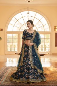 Navy Blue Bridal Chinnon Silk Lehenga Choli with Blouse and Dupatta