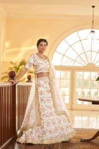 White Bridal Chinnon Silk Lehenga Choli with Blouse and Dupatta