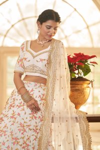 White Bridal Chinnon Silk Lehenga Choli with Blouse and Dupatta
